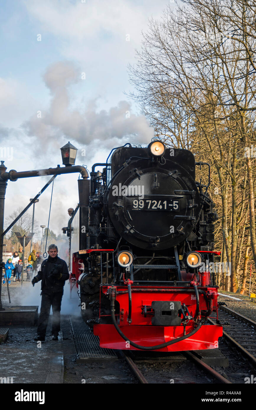 Locomotiva a vapore di Harz a scartamento ridotto delle ferrovie, Brocken ferroviarie, Drei-Annen-Hohne, Harz, Sassonia-Anhalt, Germania Foto Stock