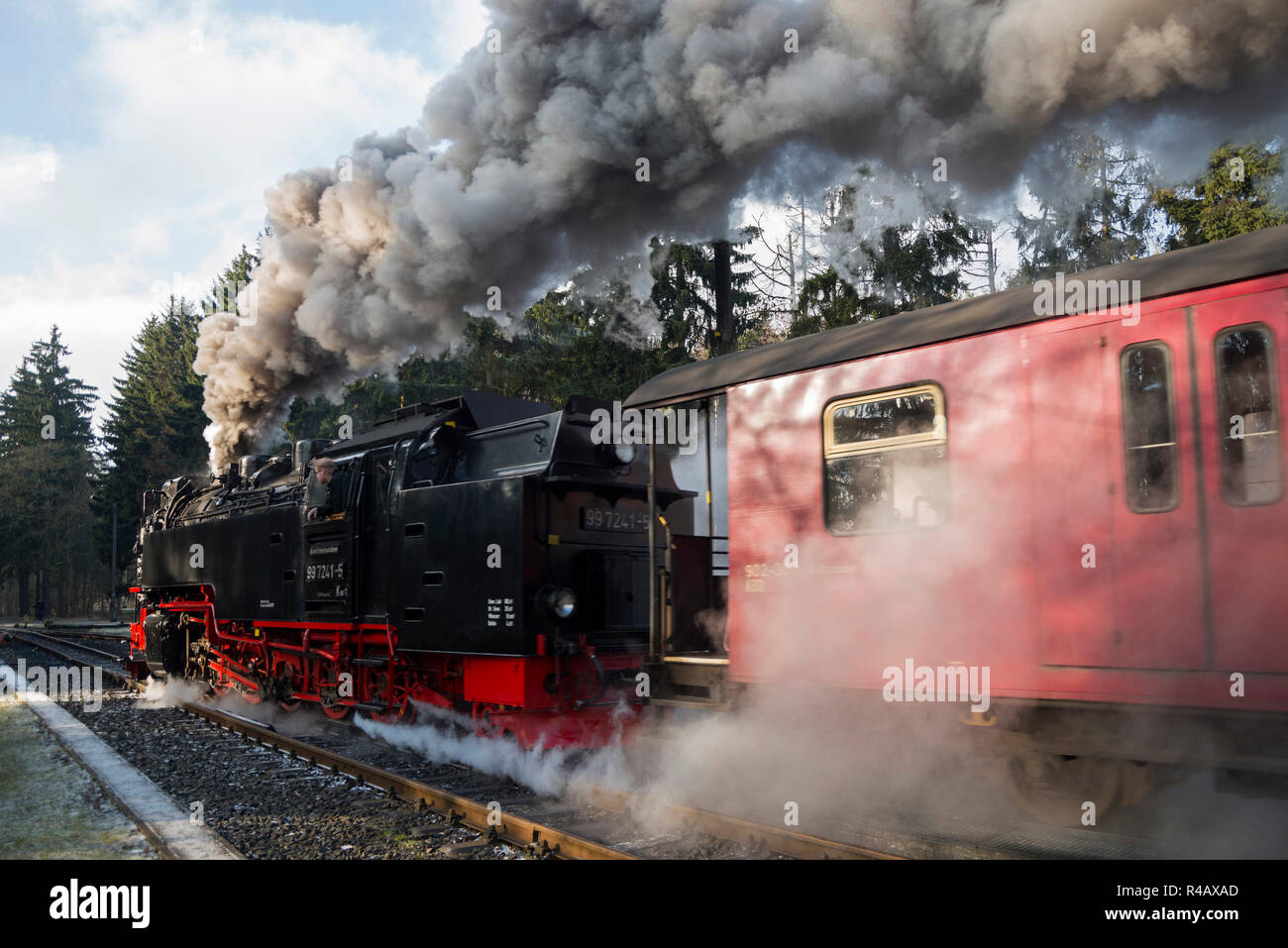 Locomotiva a vapore di Harz a scartamento ridotto delle ferrovie, Brocken ferroviarie, Drei-Annen-Hohne, Harz, Sassonia-Anhalt, Germania Foto Stock
