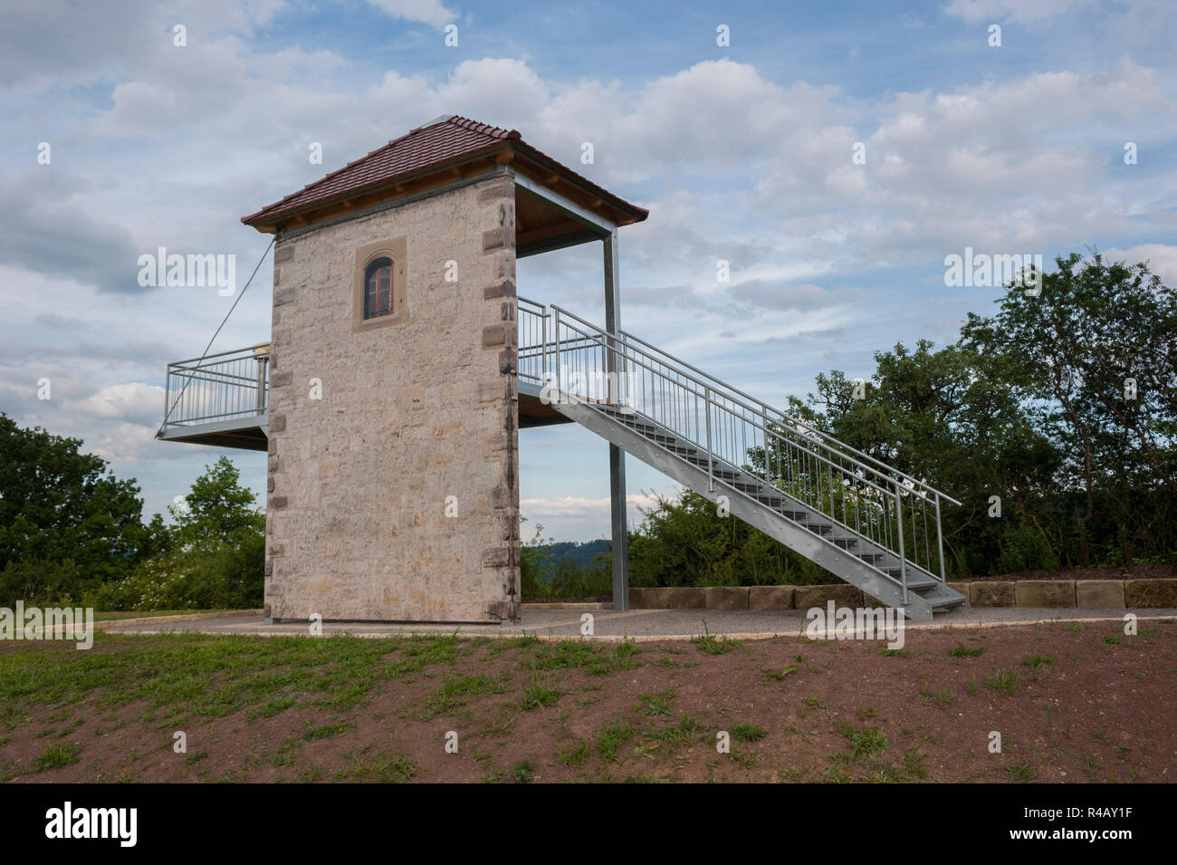 Ricostruita torre di avvistamento, sanzenbach, Hohenlohe regione, Baden-Wuerttemberg, Heilbronn-Franconia, Germania Foto Stock