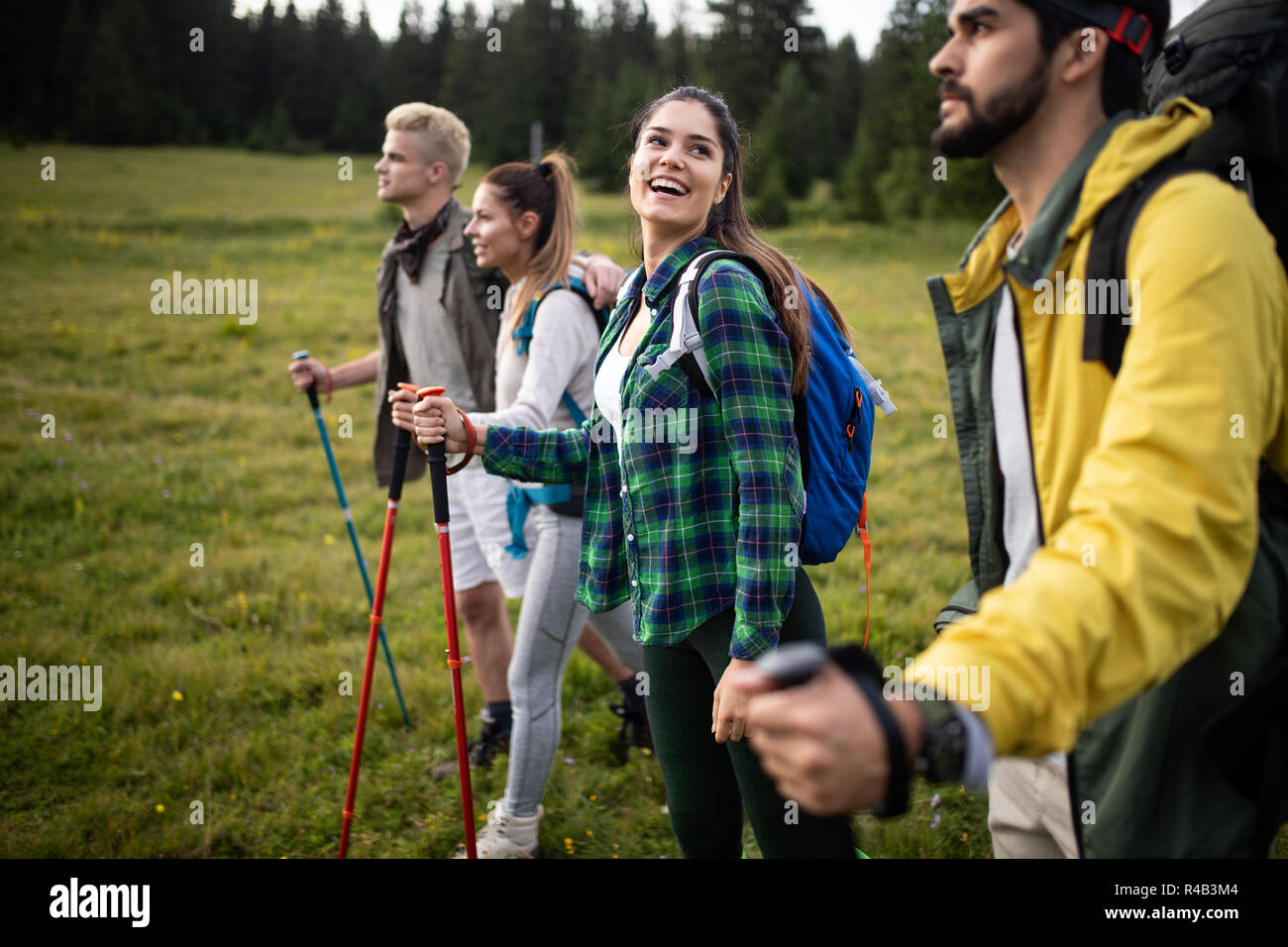 Gruppo di escursionisti a piedi su una montagna e sorridente Foto Stock