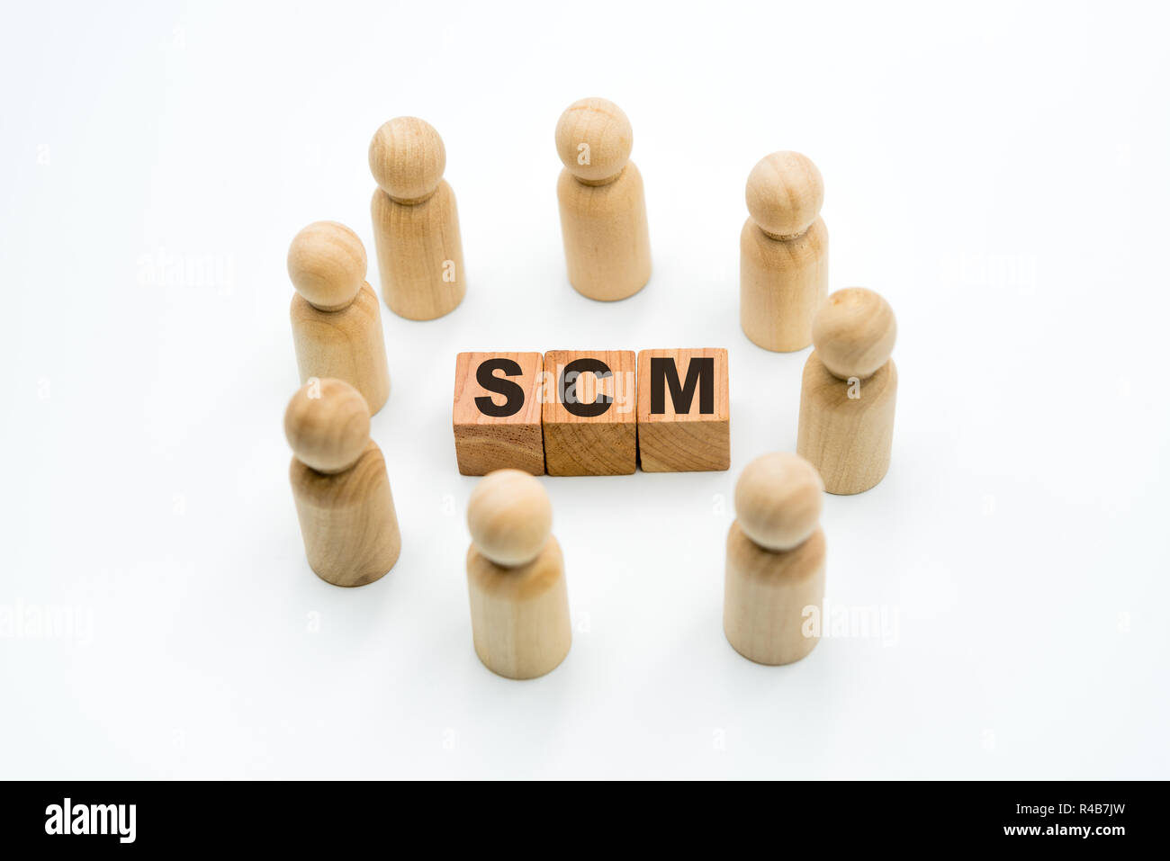 Figure in legno come business team in cerchio intorno a un acronimo SCM Supply Chain Management, isolati su sfondo bianco, minimalista Foto Stock