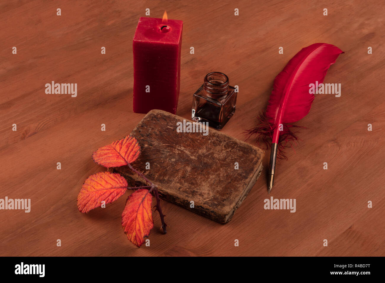 Caduta la poesia. Una foto di un vecchio libro con un ramo spinoso con foglie vibranti, un inchiostro, un cappello e una candela accesa al buio su un sfondo di legno Foto Stock