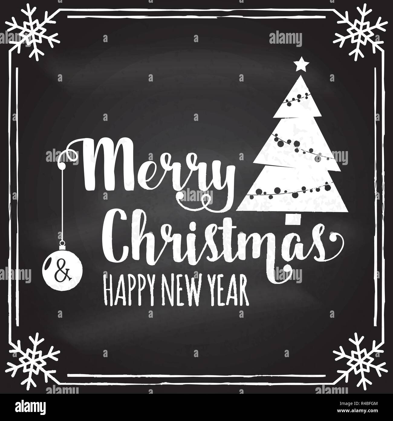 Buon Natale e Felice Anno Nuovo modello retrò con albero di Natale silhouette. Illustrazione Vettoriale sulla lavagna. Xmas design per esempio schede di saluti, inviti, banner e volantini. Illustrazione Vettoriale