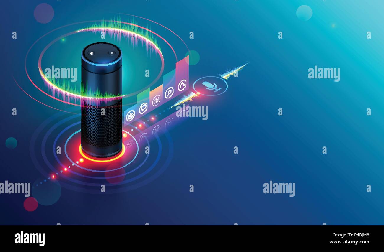 Smart speaker riconoscimenti i comandi vocali e controlla i dispositivi di casa intelligente. Personale Assistente vocale collegato con internet delle cose dice circa st Illustrazione Vettoriale