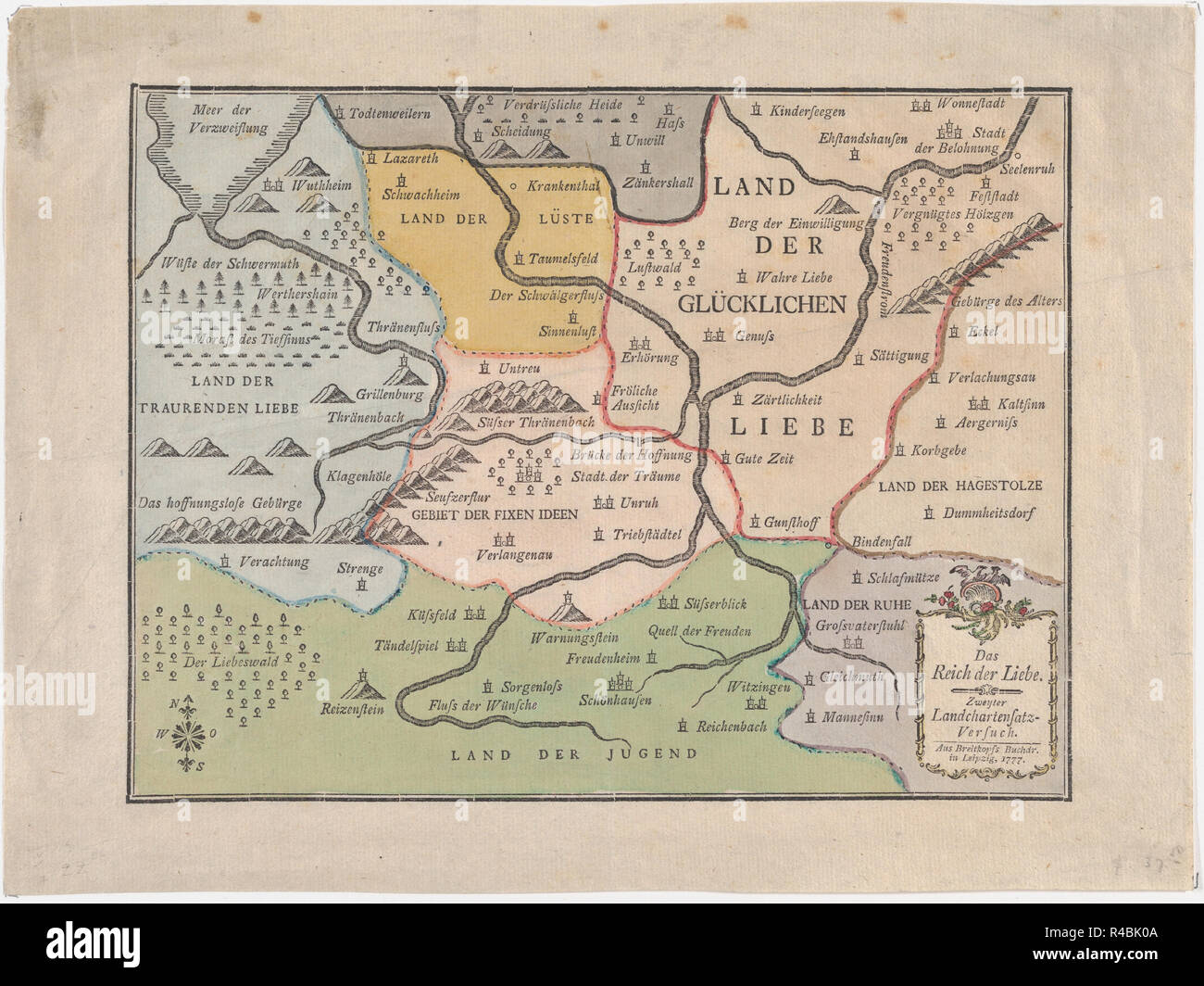 Valentino: mappa del Regno di Amante (Das Reich der Liebe). Artista: Breitkopf & Härtel (tedesco). Dimensioni: foglio: 9 1/16 × 11 7/16 in. (23 × 29 cm). Data: 1777. Questa è una molto rara a prova di prova della cartografia stampato da una composizione del tipo dalla famosa tedesco del XVIII secolo, stampante Breitkopf, a Leipzig, Germania. Datato 1777, questo è un Valentino, creato come una mappa del matrimonio, e etichettato 'Il regno dell'amore". I vari "terre" sono rappresentate con vari titoli, dalla terra di lussuria, e la terra di idee fisse, alla terra dei giovani e del paese di felice. Questo sarebbe stato un ver Foto Stock