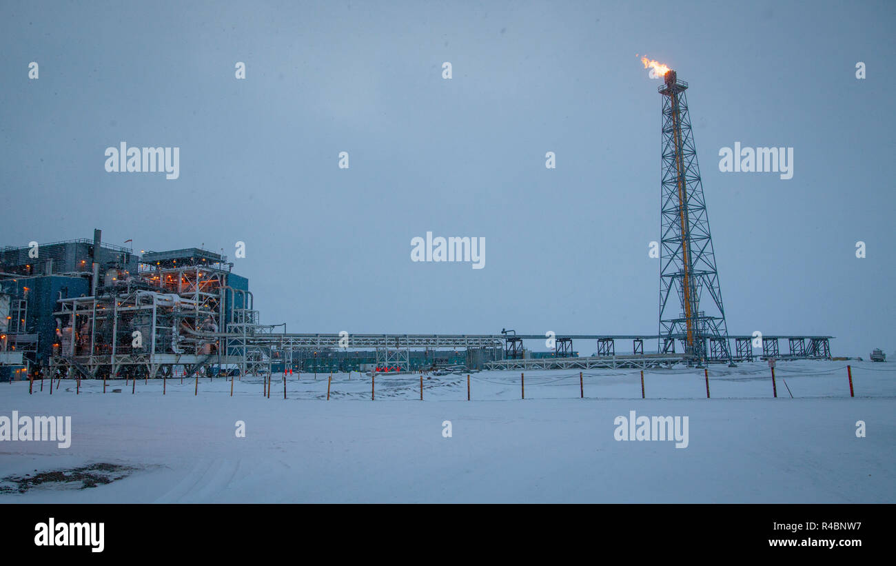 Una fiamma pilota presso l'olio impianto di produzione sull'isola artificiale Endicott al di fuori di Prudhoe Bay. A differenza di una svasatura tower, la fiamma pilota agiscono come una misura di sicurezza. Foto Stock