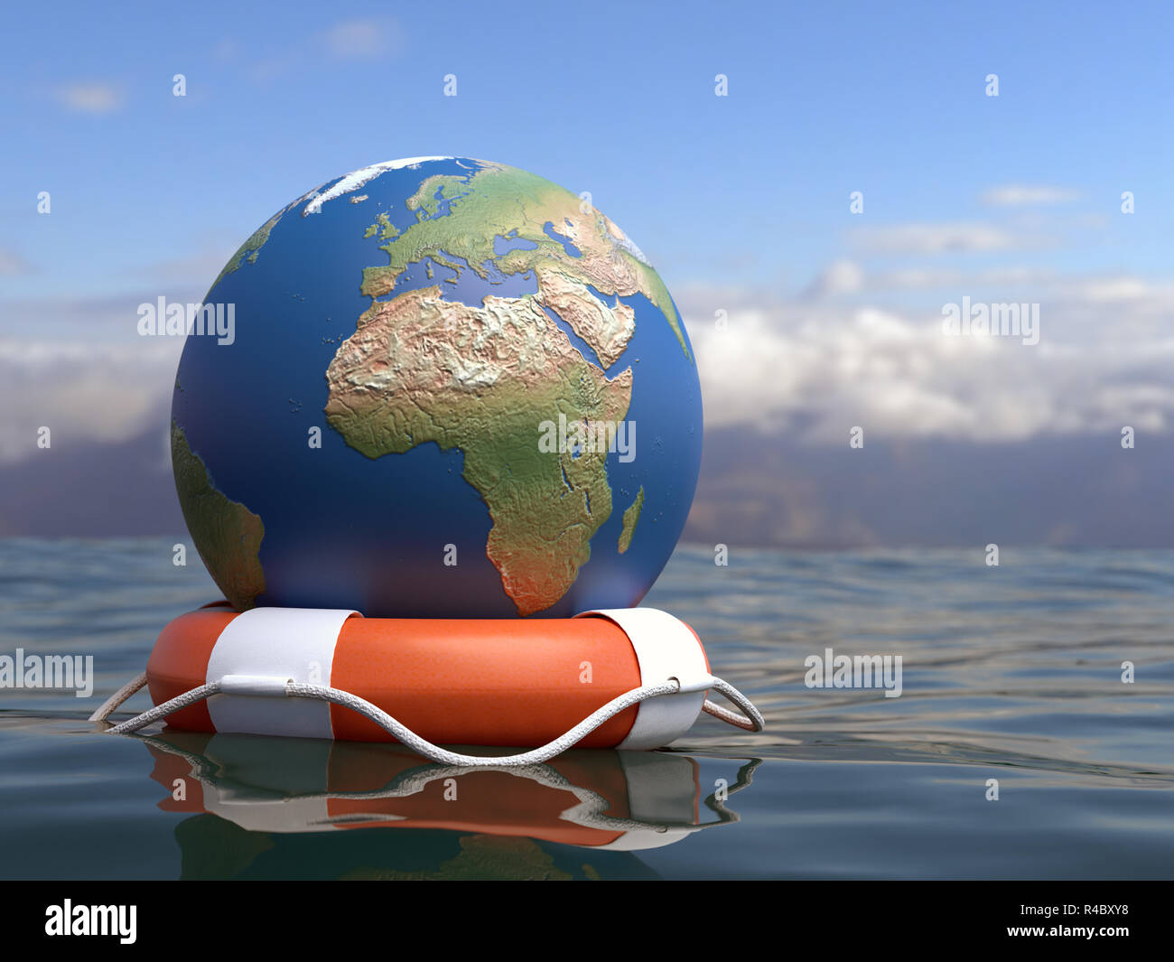 3D render di Globe sulla vita arancione boa galleggiante sulla superficie del mare come il riscaldamento globale concetto di sensibilizzazione Foto Stock