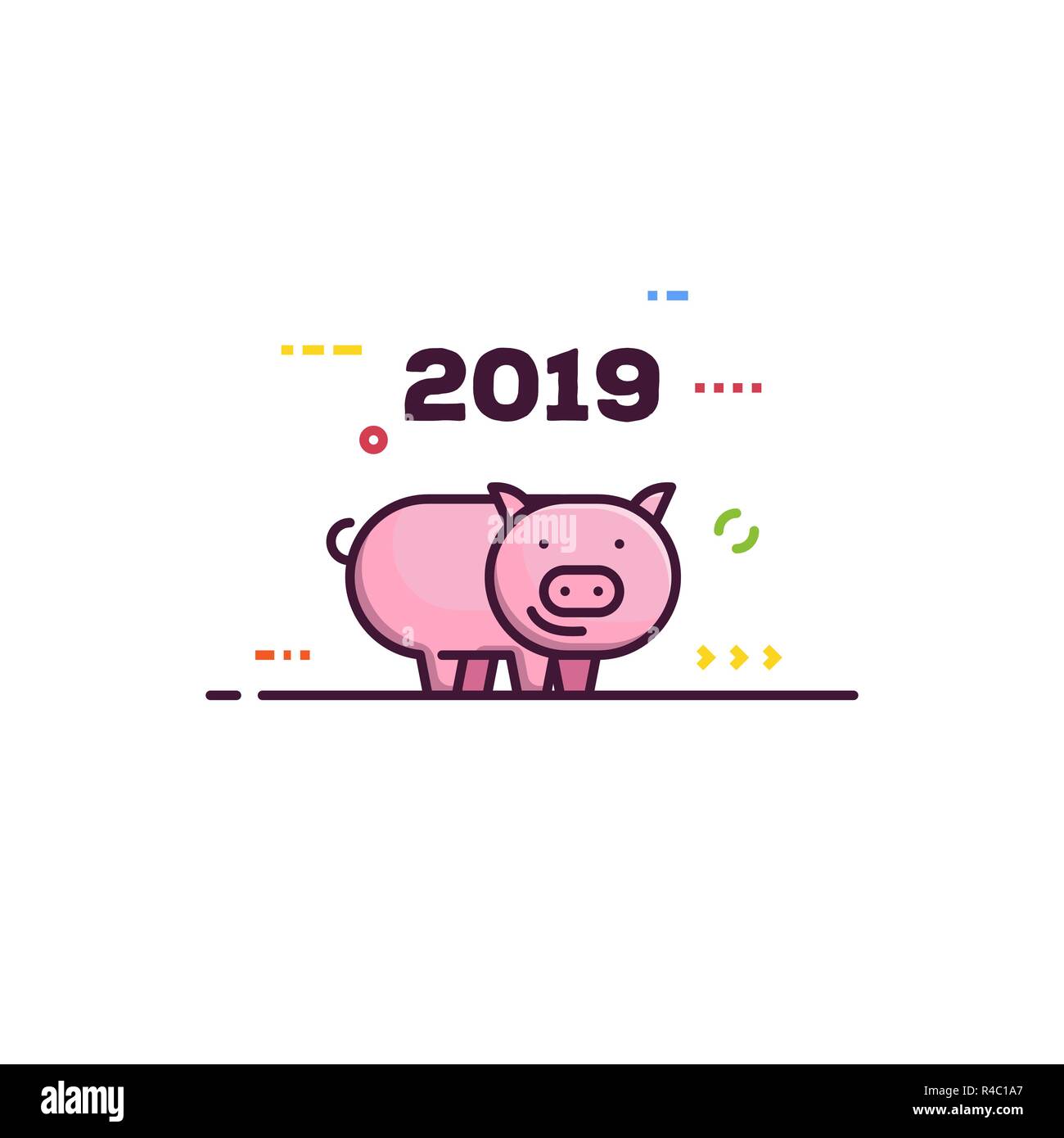 Lo stile di linea nuovo anno suino. 2019 anno cinese del maiale. Felice rosa piggy sorridente. Elementi astratti e linee. Illustrazione Vettoriale