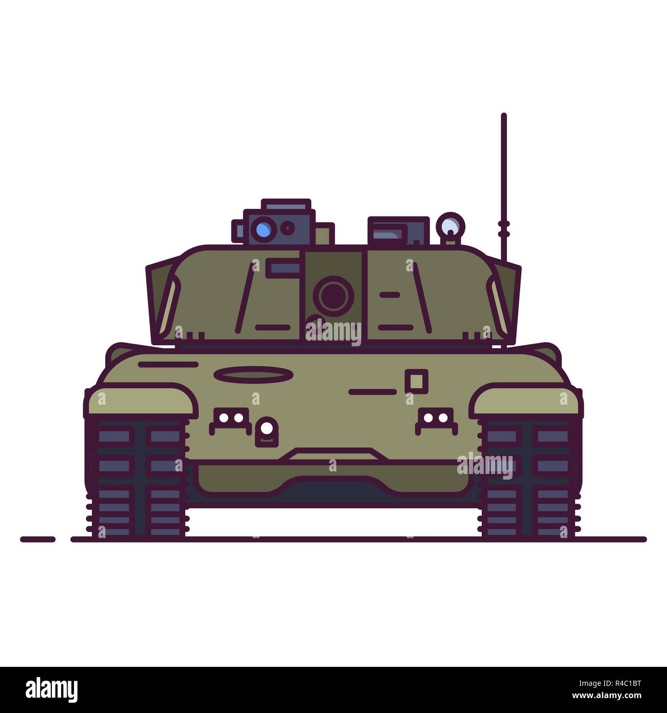 Vista frontale della moderna battaglia serbatoio. Lo stile di linea illustrazione vettoriale. Veicolo militare concetto. Serbatoio di blindati con canna e torretta in verde oliva e camma Illustrazione Vettoriale