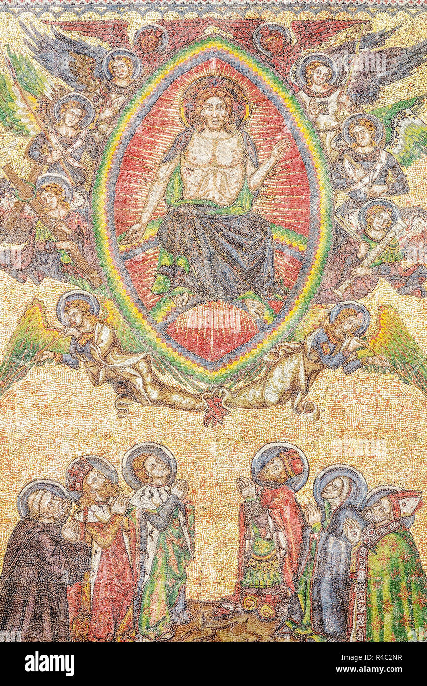 Porta d'Oro della Cattedrale di Praga, Mosaico del giudizio universale Arte Gotica medievale dettaglio del XIV secolo Foto Stock