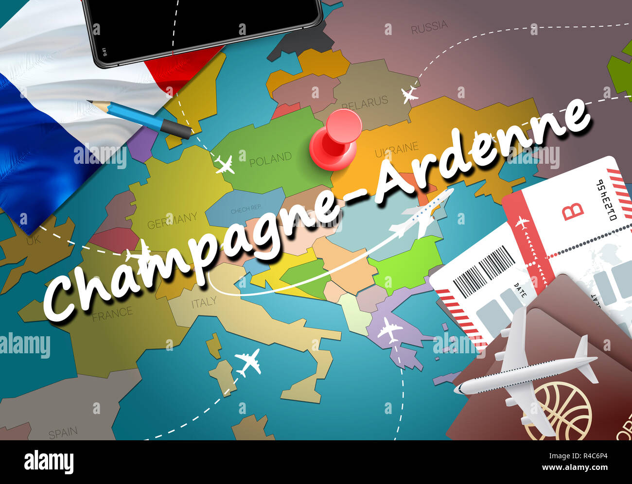 Champagne-Ardenne città viaggi e turismo il concetto di destinazione. Bandiera della Francia e Champagne-Ardenne città sulla mappa. In Francia il concetto di viaggio mappa dello sfondo. Ti Foto Stock