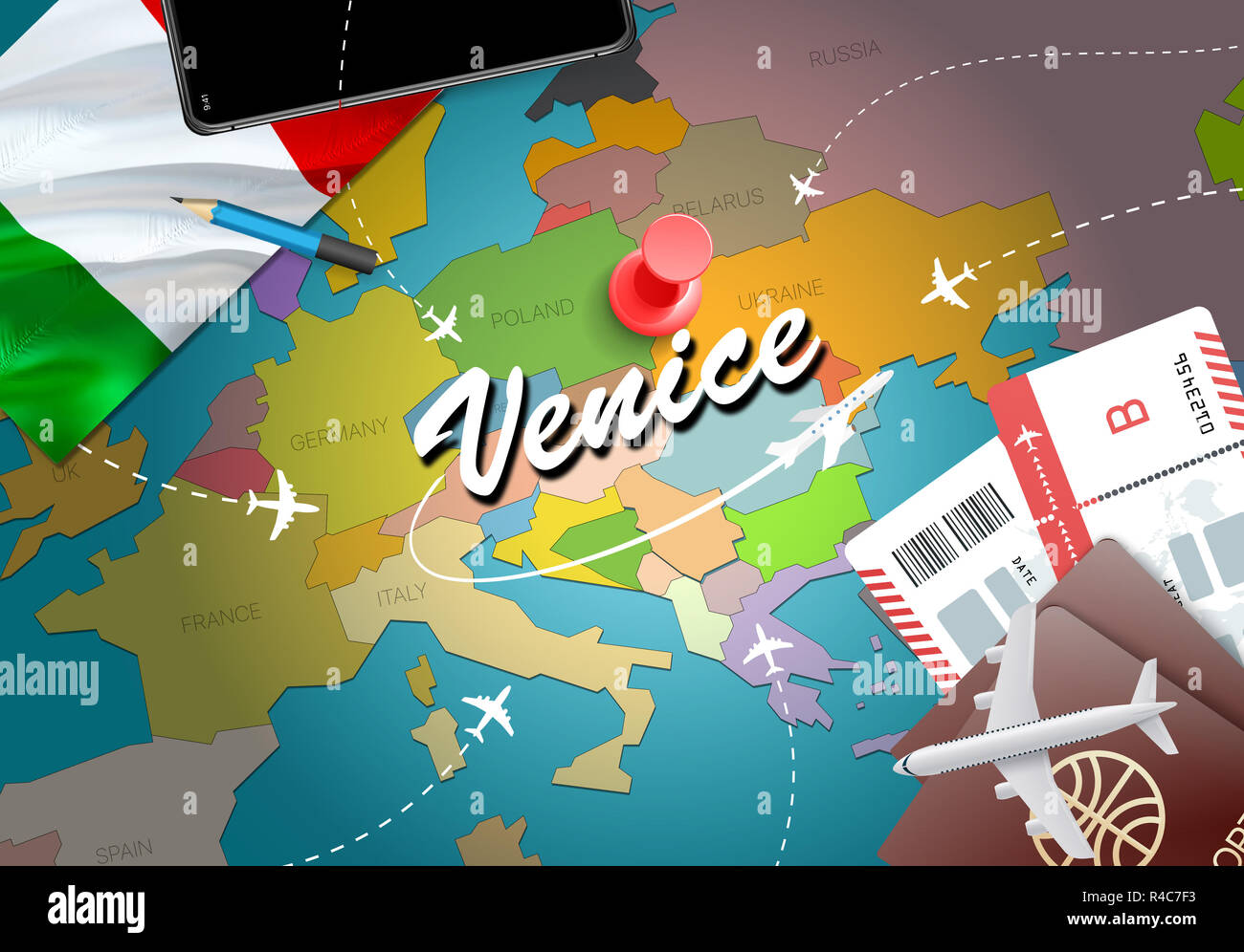 La città di Venezia viaggi e turismo il concetto di destinazione. Bandiera dell'Italia e la città di Venezia sulla mappa. In Italia il concetto di viaggio mappa dello sfondo. Biglietti Aerei e Voli Foto Stock