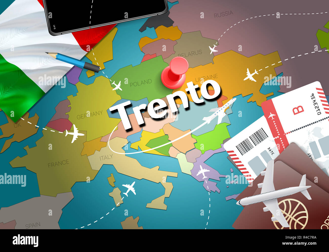 Città di Trento viaggi e turismo il concetto di destinazione. Bandiera dell'Italia e la città di Trento sulla mappa. In Italia il concetto di viaggio mappa dello sfondo. Biglietti Aerei e Voli Foto Stock