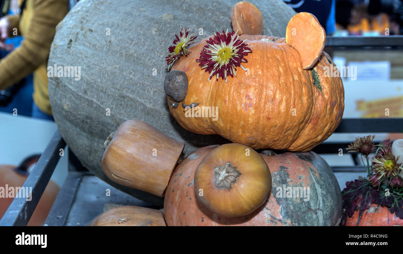 A Belgrado, in Serbia - stand autunnali decorazione fatta di zucche scolpite a Zemun mercato verde Foto Stock