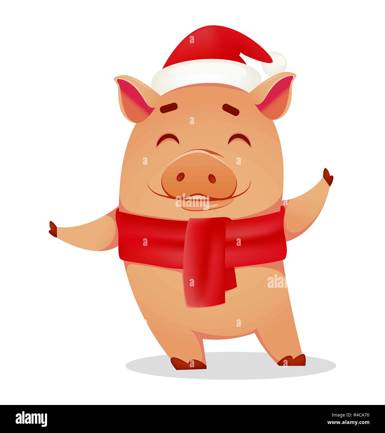 Natale biglietto di auguri. Carino il maiale indossando Santa Claus hat e sciarpa. Divertente personaggio dei fumetti. Illustrazione Vettoriale su sfondo bianco Illustrazione Vettoriale