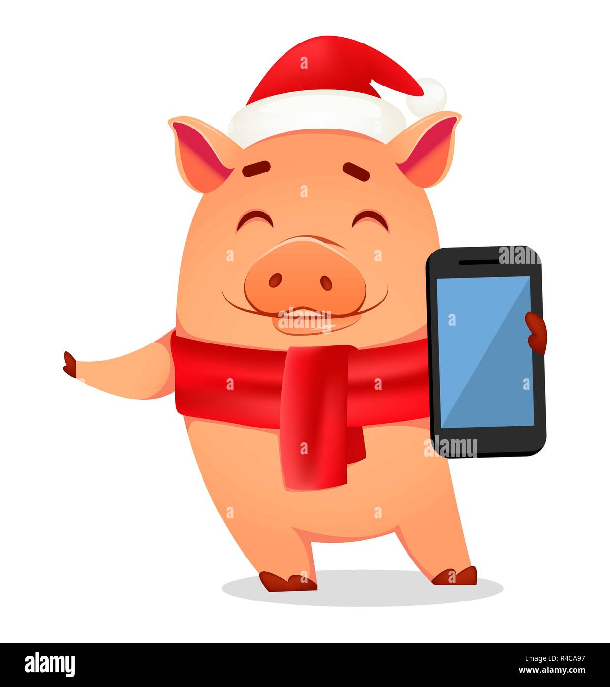 Natale biglietto di auguri. Carino il maiale indossando Santa Claus hat e sciarpa detiene smartphone. Illustrazione Vettoriale su sfondo bianco Illustrazione Vettoriale