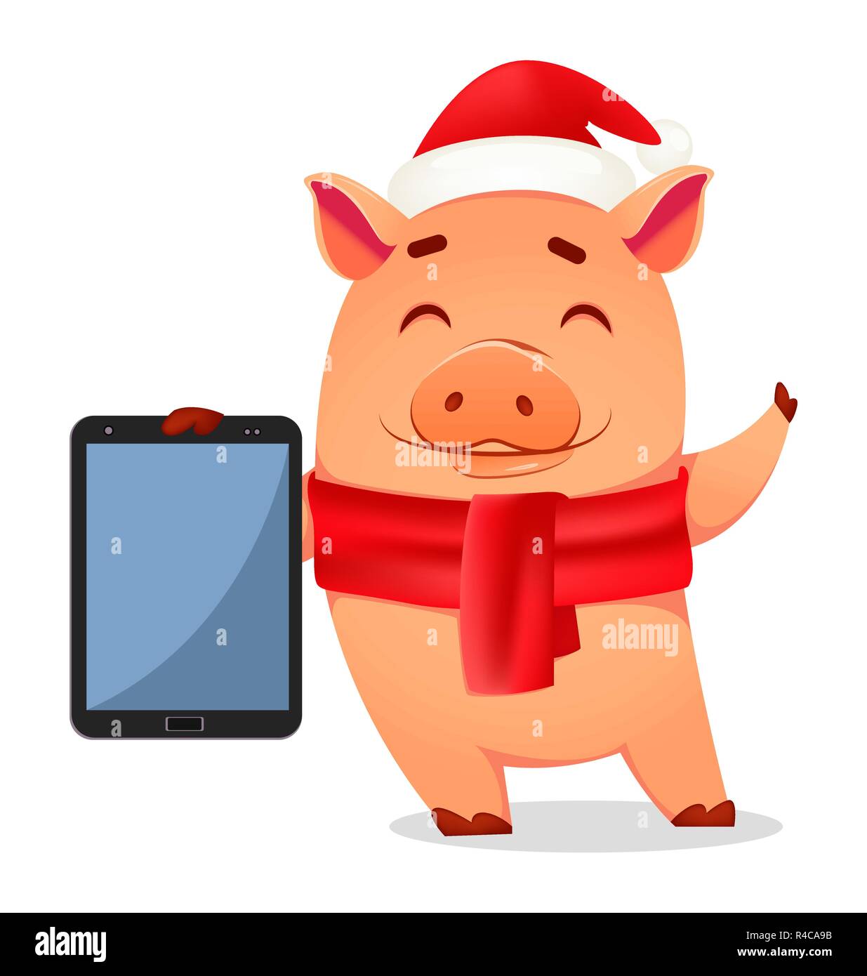 Natale biglietto di auguri. Carino il maiale indossando Santa Claus hat e sciarpa trattiene compressa. Illustrazione Vettoriale su sfondo bianco Illustrazione Vettoriale