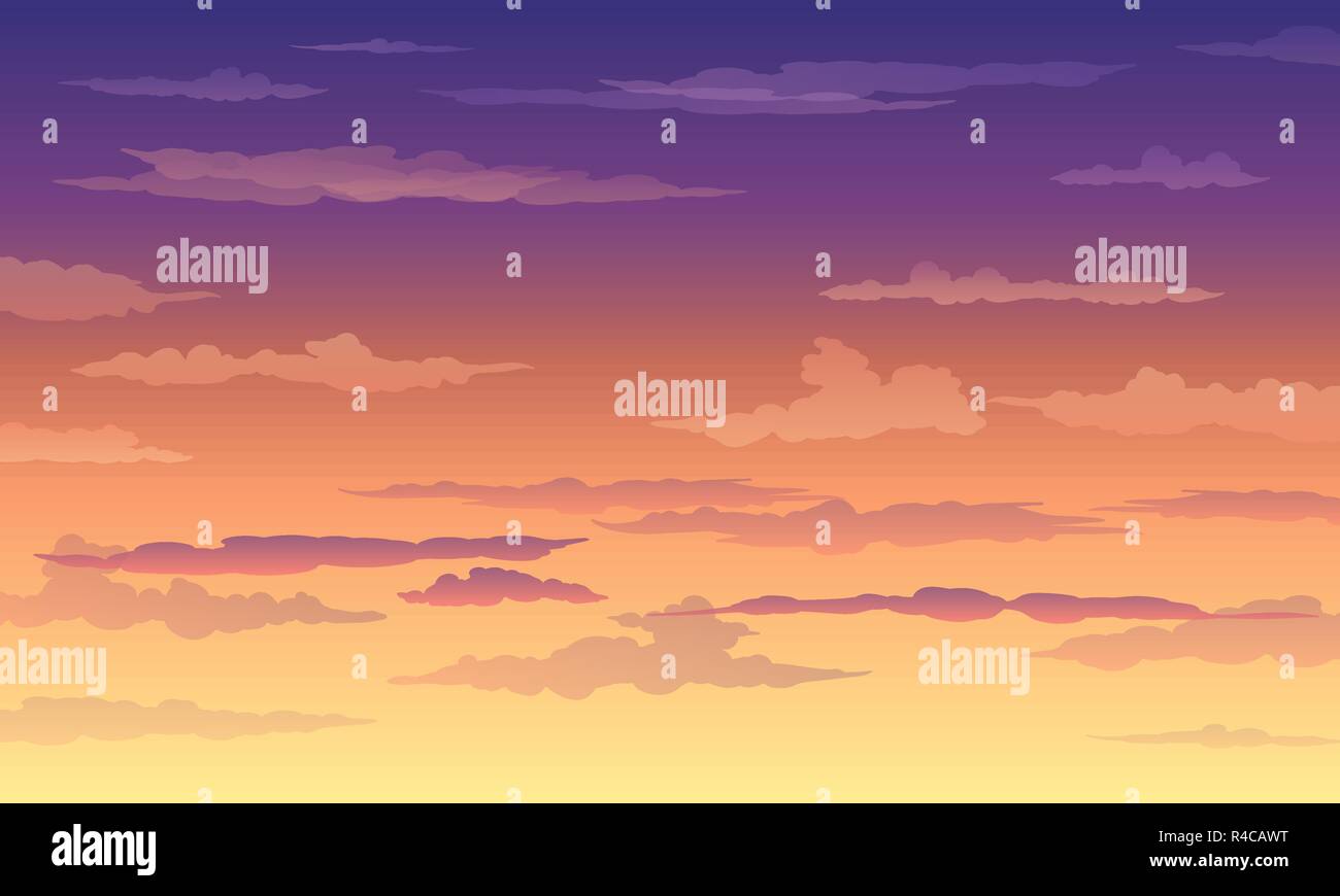 Cielo di tramonto in giallo-color viola con le nuvole Illustrazione Vettoriale