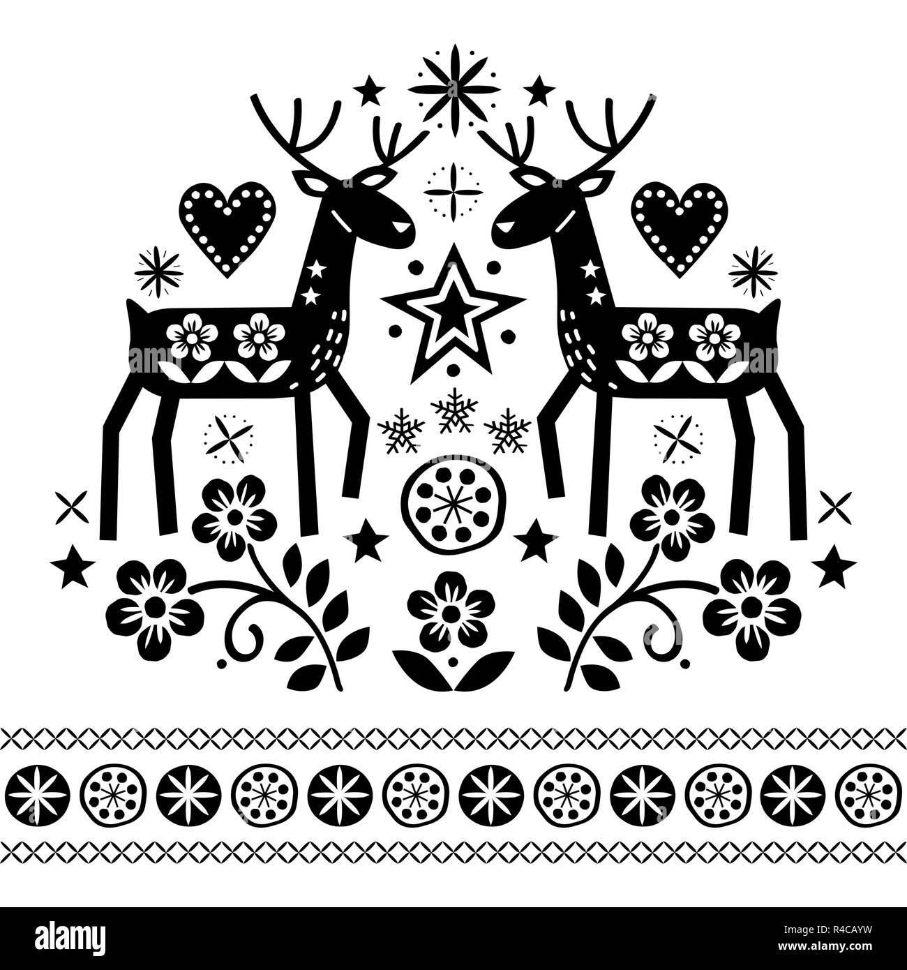 Vettore di Natale design con le renne, fiori, Scandinavian folk art pattern in nero su sfondo bianco - Buon Natale decorazione Illustrazione Vettoriale