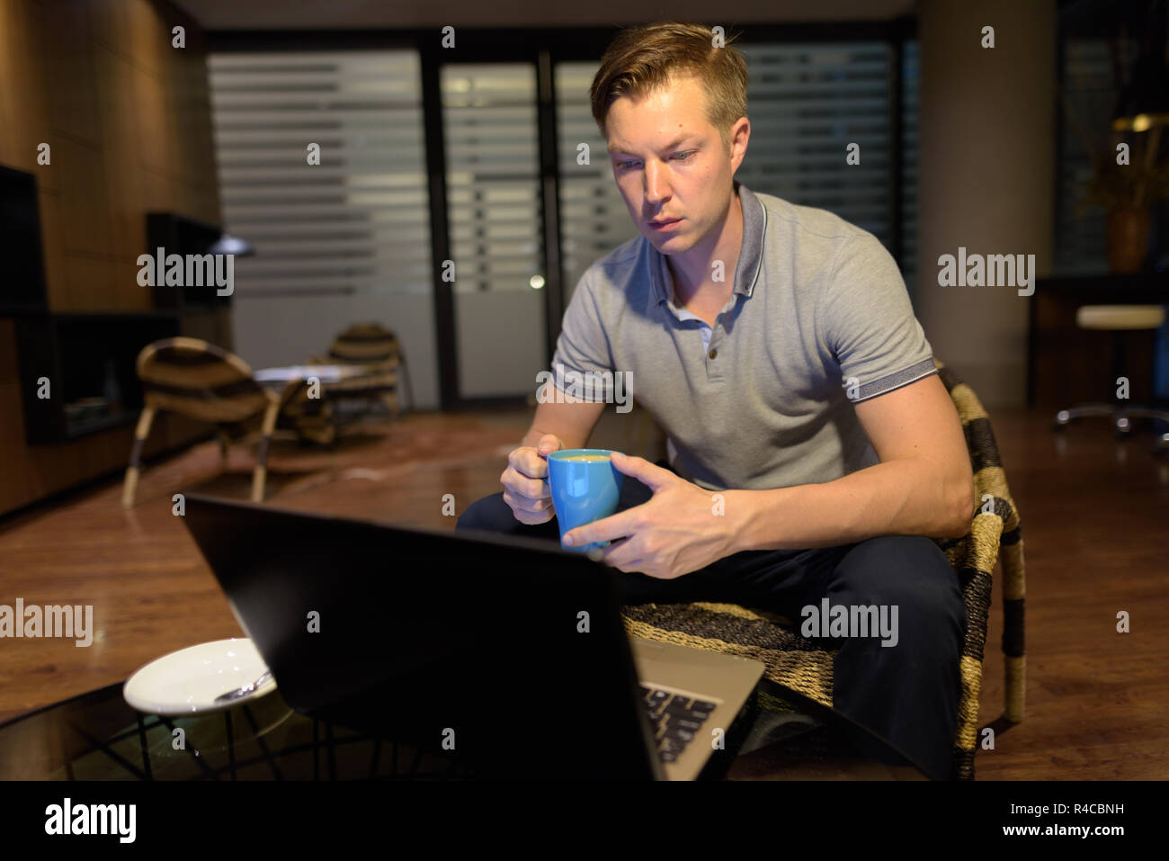 Giovane uomo bello utilizzando laptop nella stanza vivente Foto Stock