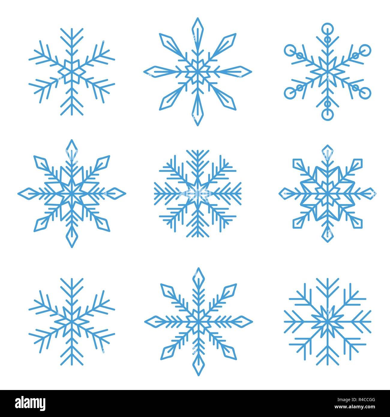 Set di blu fiocchi di neve diversi isolati su sfondo bianco illustrazione vettoriale EPS10 Illustrazione Vettoriale