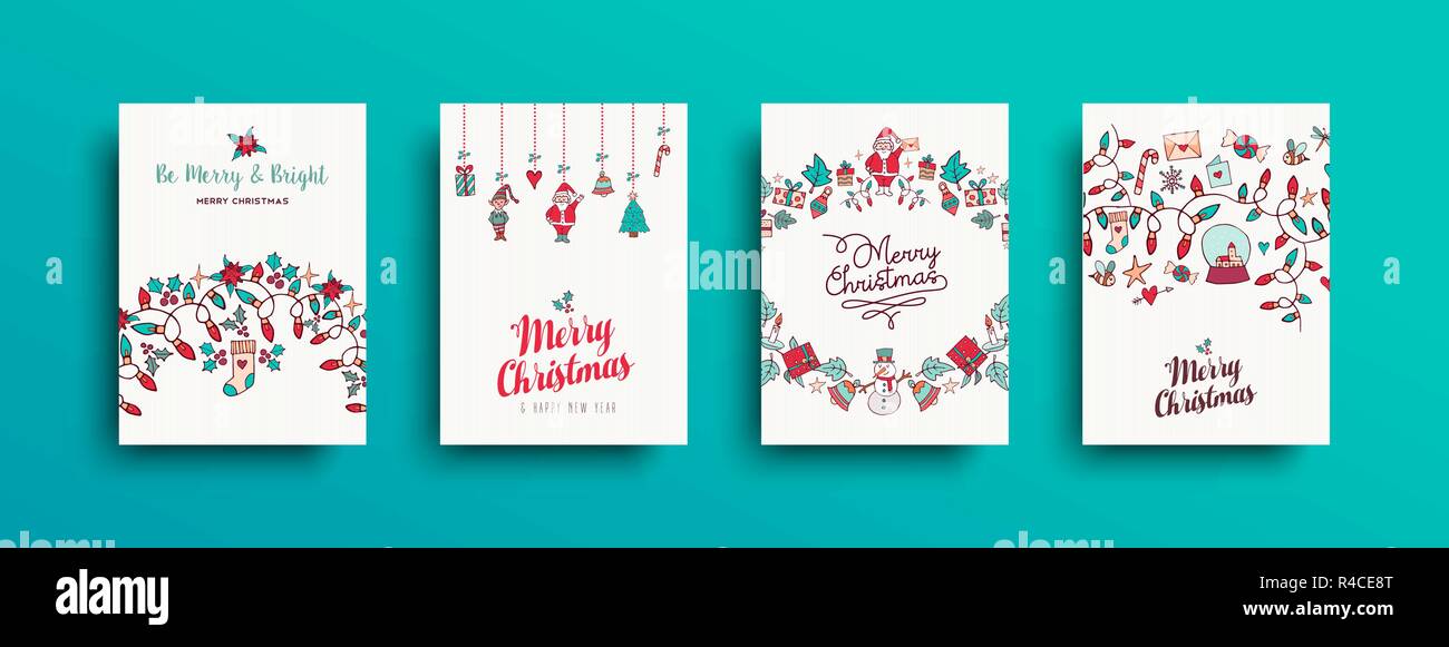 Buon Natale e Felice Anno Nuovo disegnato a mano della scheda Messaggi di saluto insieme. Carino decorazione di Natale con la tipografia vacanze preventivo. Illustrazione Vettoriale