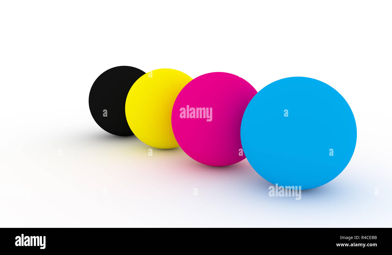 Le sfere colorate che rappresentano il modello di colore CMYK Foto Stock