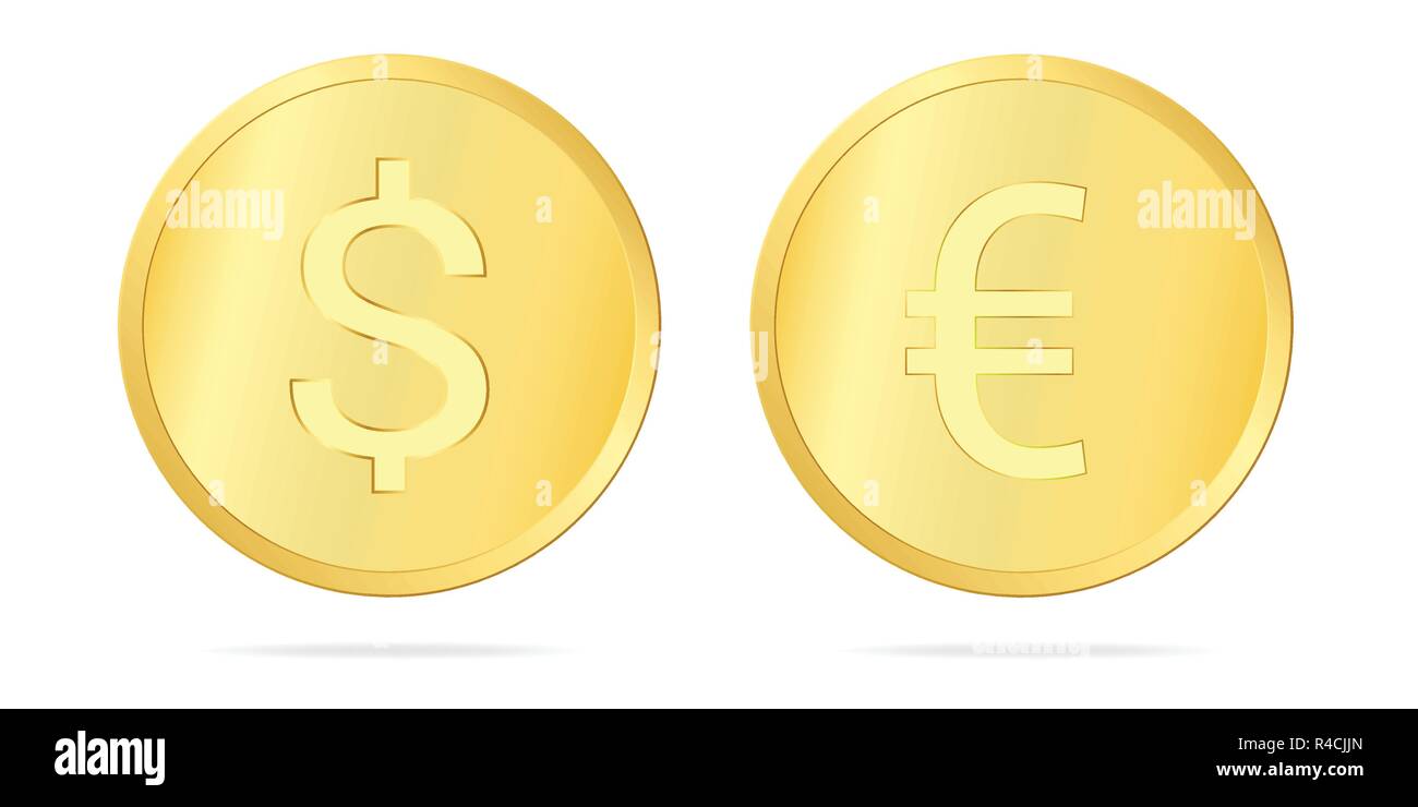 Imposta Illustrazione realistica di una moneta in oro con un dollaro ed euro segno, isolati su sfondo bianco - vettore Illustrazione Vettoriale