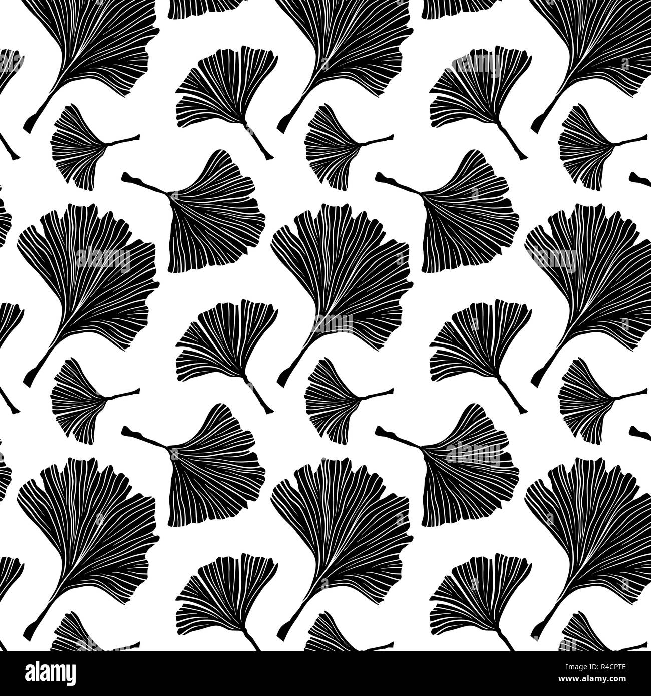 Ginkgo Biloba pianta modello senza giunture, grandi foglie nere sagome su bianco. Illustrazione monocromatica. Medicina Ayurvedica Tema. Struttura giapponese. Foto Stock