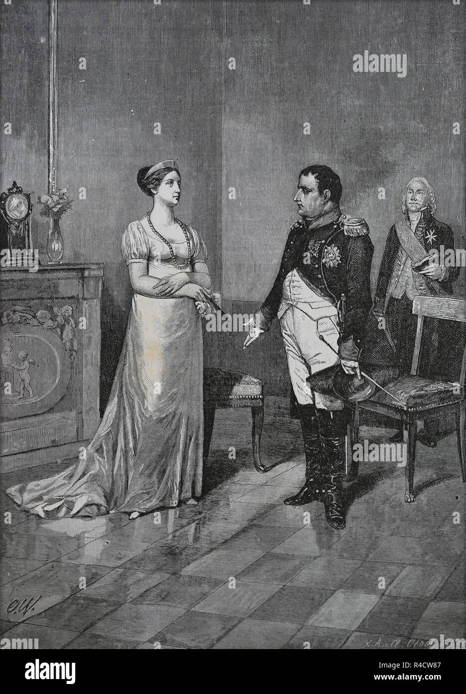 Incontro tra Napoleone Bonaparte e Regina Louisa della Prussia, Tilsit. Il 6 luglio 1807. Incisione del XIX secolo. Foto Stock