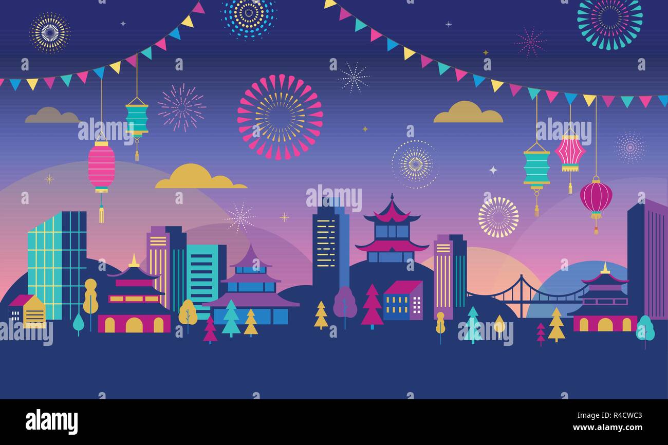 Capodanno cinese - panorama della città con i suoi colorati fuochi d'artificio e lanterne. Sfondo vettoriale Illustrazione Vettoriale
