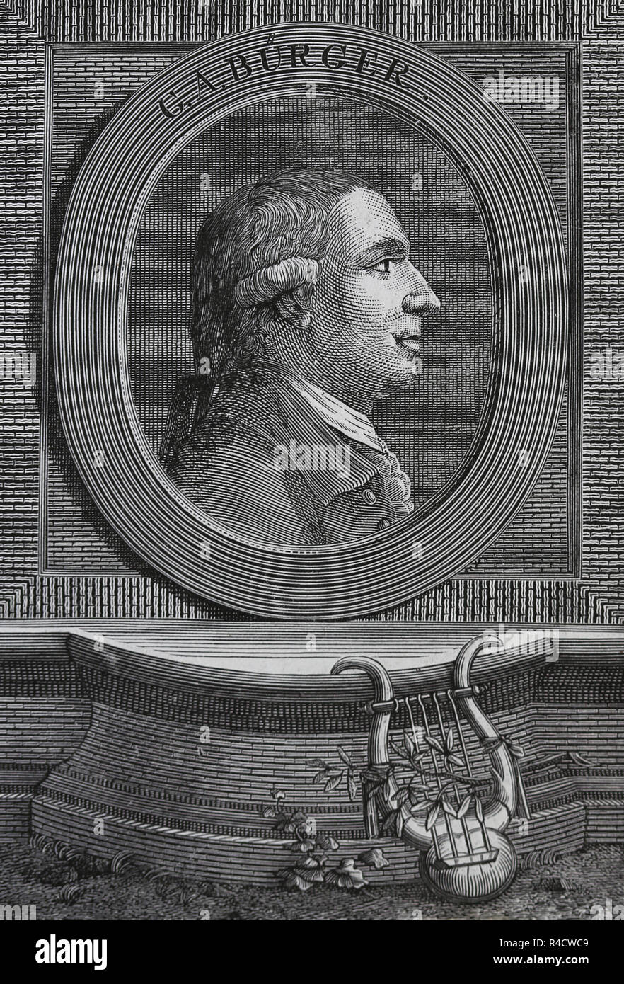 Gottfried Agosto Burguer (1747-1794). Il poeta tedesco. Ritratto. Incisione di germanio, 1882. Foto Stock