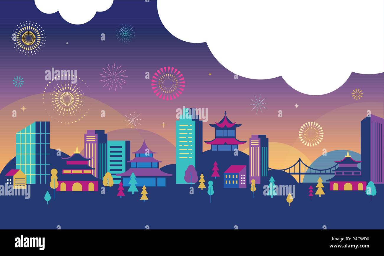 Capodanno cinese - panorama della città con i suoi colorati fuochi d'artificio e lanterne. Sfondo vettoriale Illustrazione Vettoriale