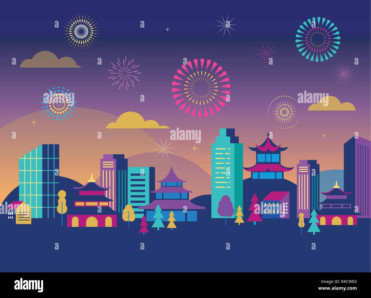 Capodanno cinese - panorama della città con i suoi colorati fuochi d'artificio e lanterne. Sfondo vettoriale Illustrazione Vettoriale