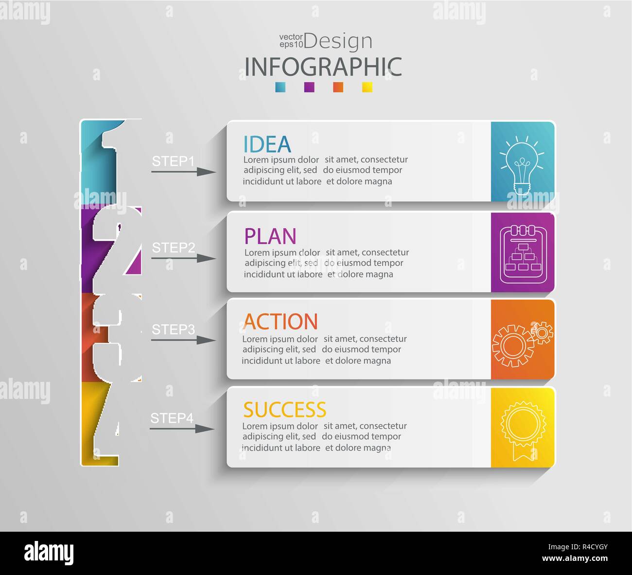 Infografico della carta modello con 4 opzioni per la presentazione e la visualizzazione di dati. Processo di business grafico. Diagramma con quattro passi per il successo 1. Per il contenuto, del diagramma di flusso, il flusso di lavoro. Illustrazione Vettoriale. Illustrazione Vettoriale