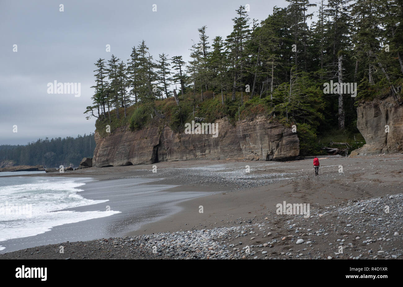 Donna trekking lungo una spiaggia con uno zaino sulla West Coast Trail. Foto Stock