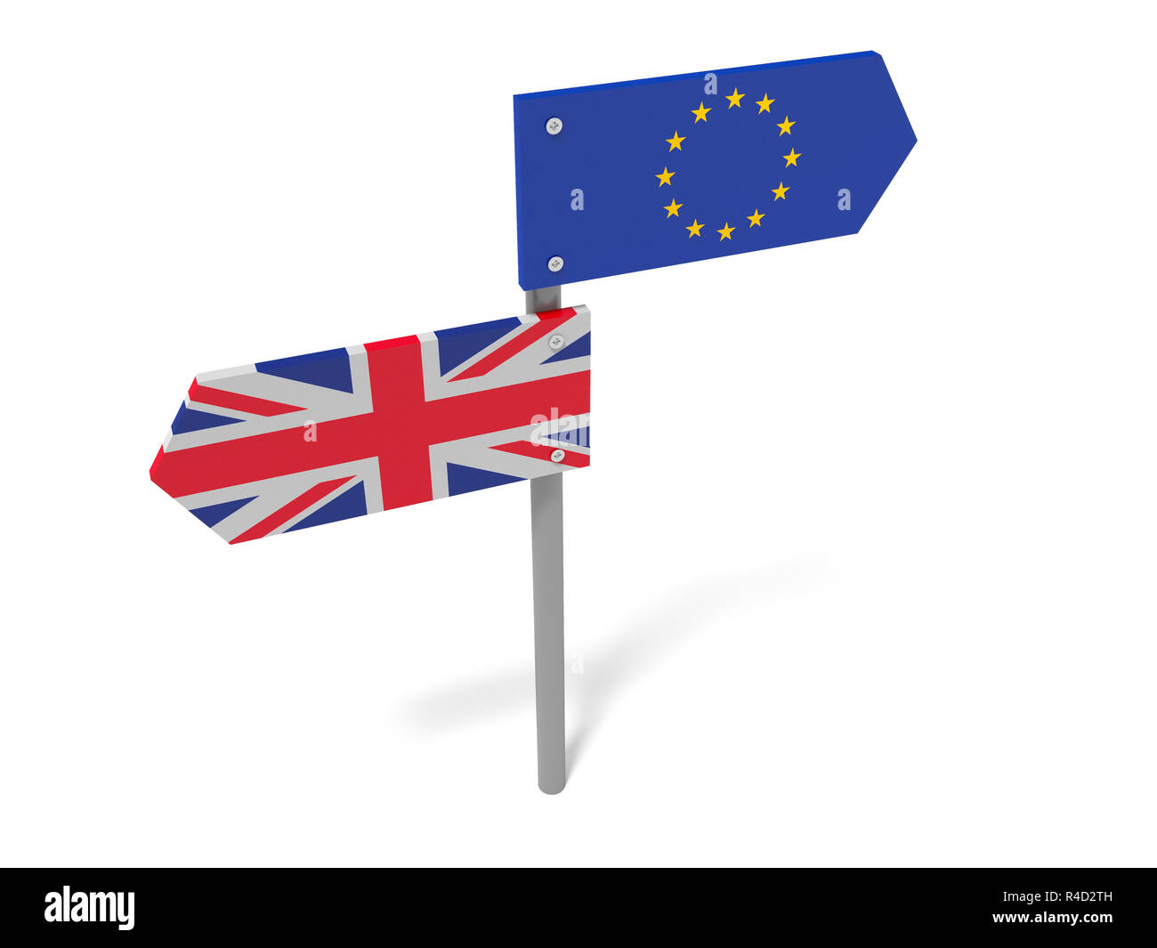 Brexit: UK e UE Cartello stradale rivolte in direzioni opposte, 3d illustrazione Foto Stock