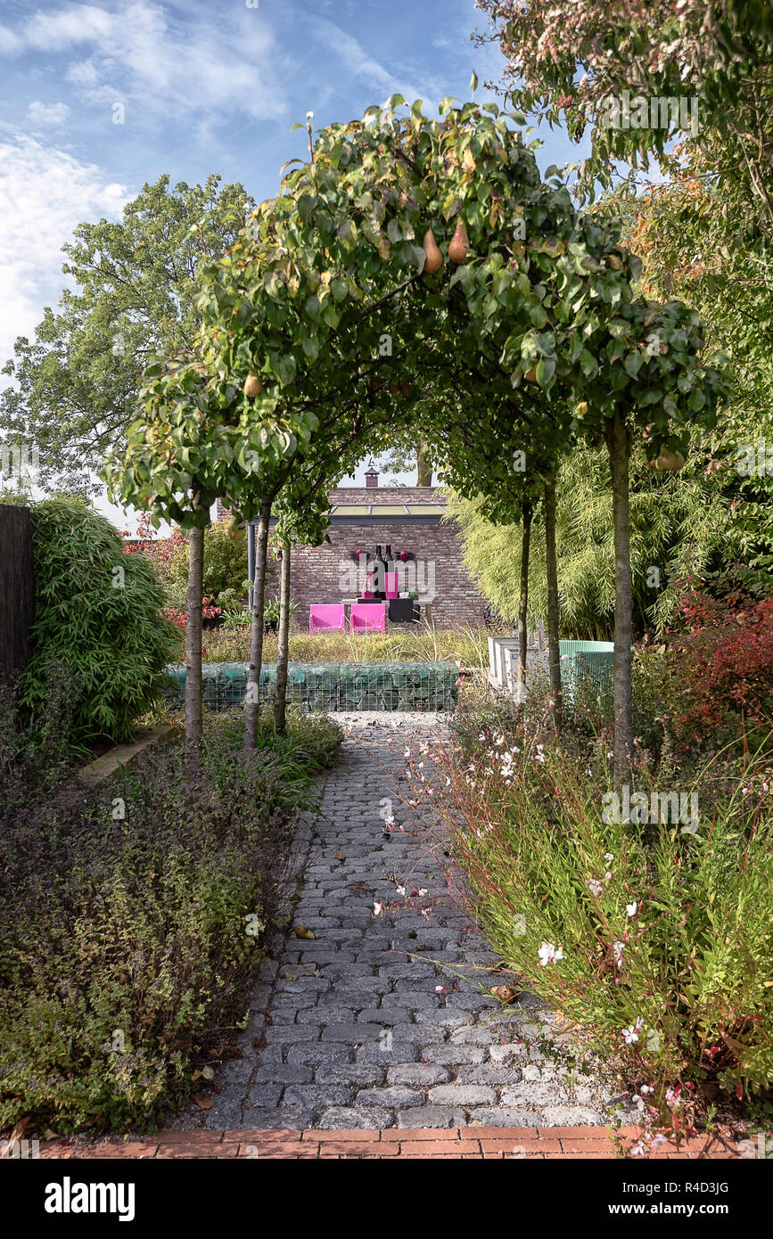 Due sedie di colore rosa sotto una sporgenza per godersi il sole nel bellissimo giardino in autunno nei Paesi Bassi Foto Stock