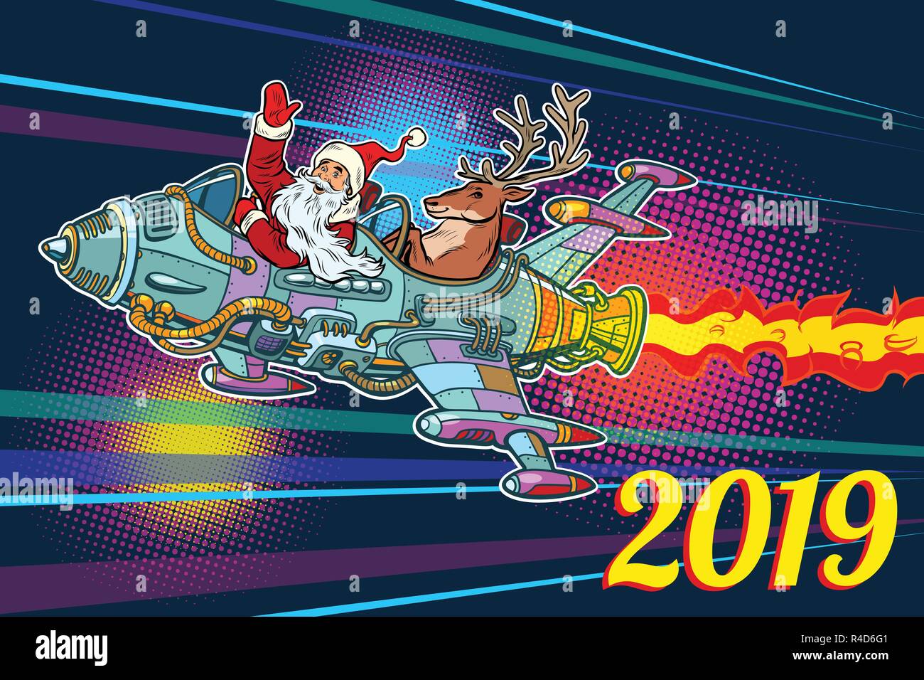 2019 anno nuovo. Retrò Babbo Natale con un cervo a volare su un razzo Illustrazione Vettoriale