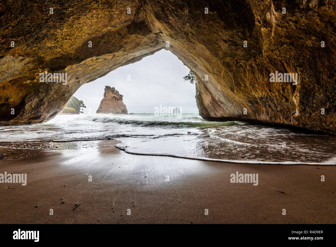 Arco di roccia in Te Whanganui-A-Hei (Cove della cattedrale) riserva marina, Nuova Zelanda. Foto Stock