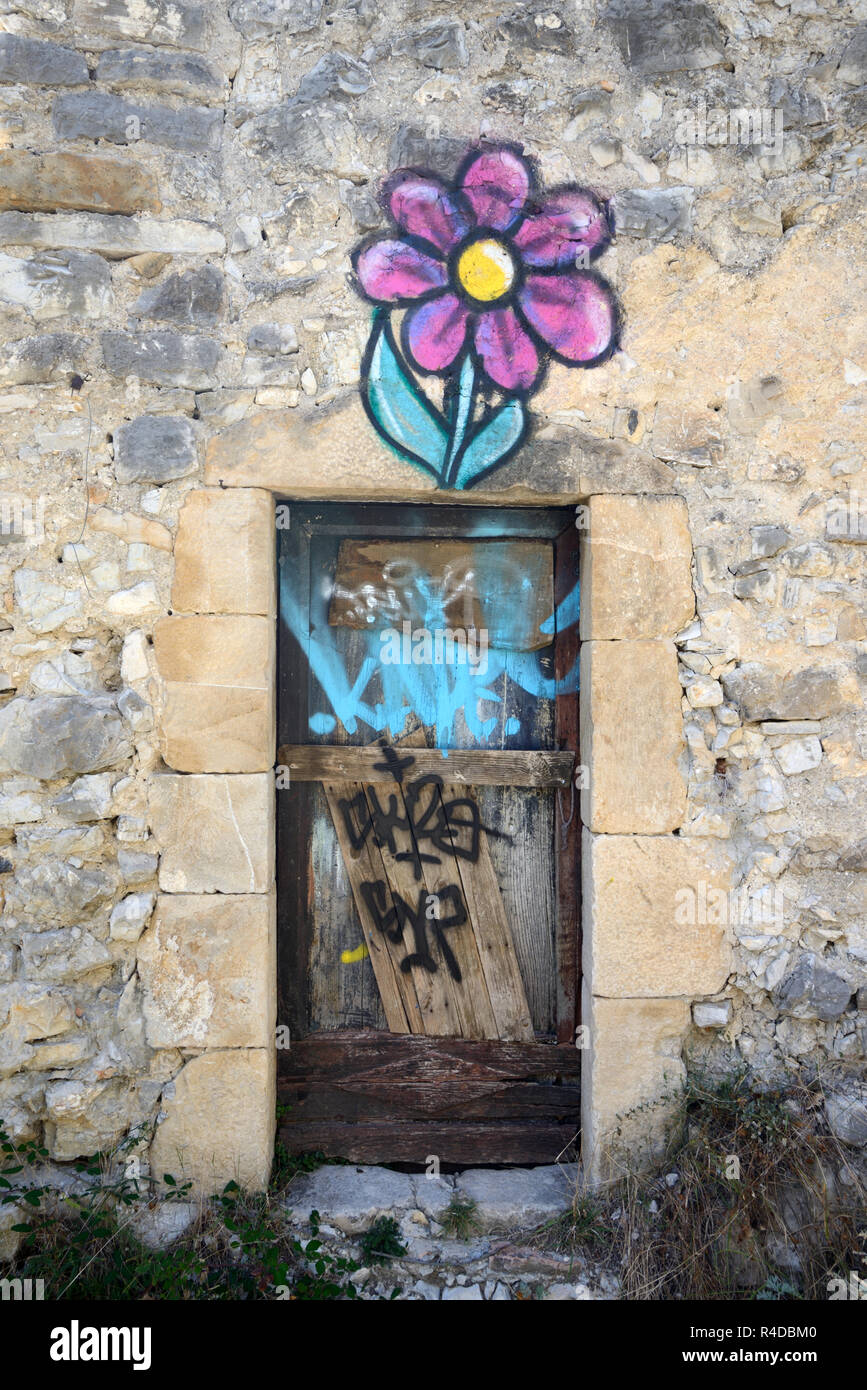 Surreale porta Graffiti & fiore stilizzato dipinta su una casa in rovina nel villaggio abbandonato di Le Vieux-Noyers Noyers Provence Francia Foto Stock