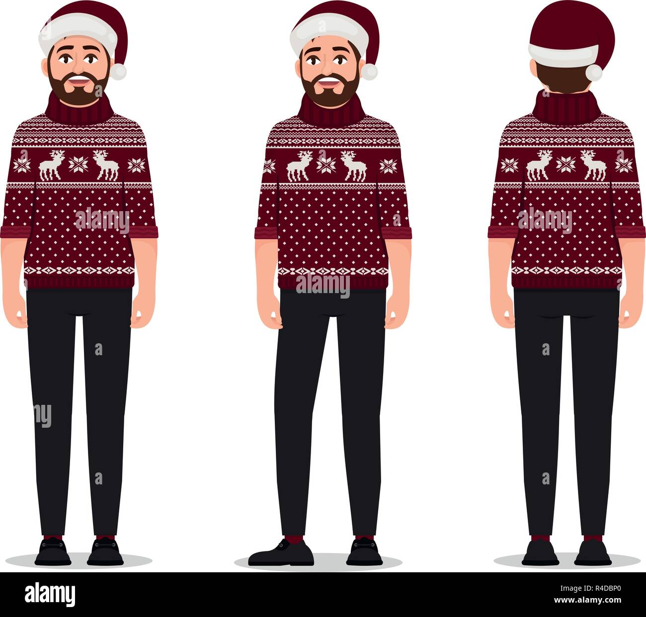 Un uomo vestito con un maglione rosso con i cervi ed un cappello di Natale, in piedi in pose diverse illustrazione vettoriale su sfondo bianco Illustrazione Vettoriale