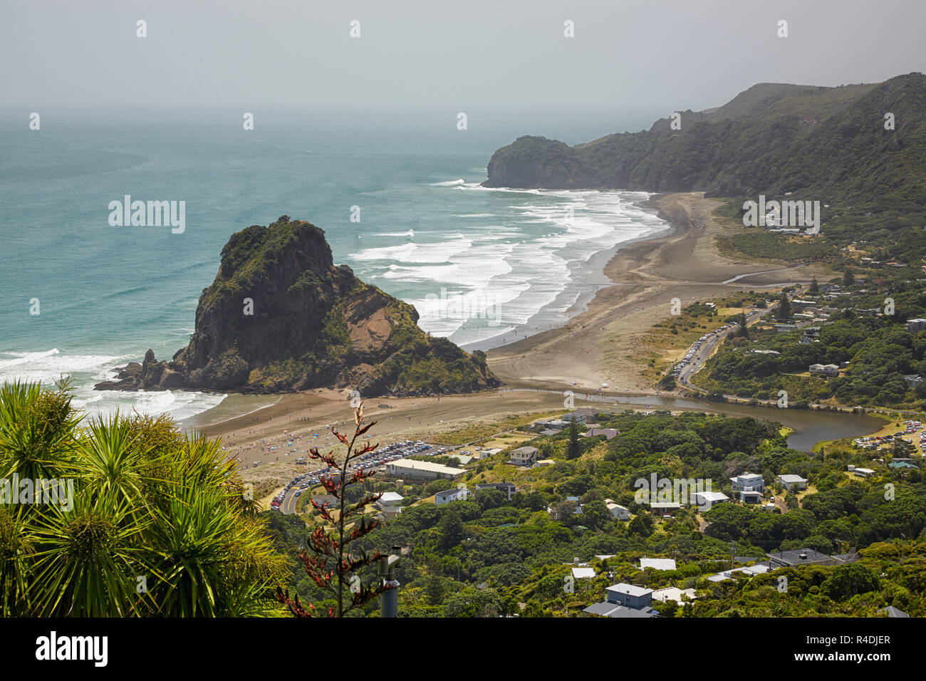 Piha Beach con Lion Rock in background, Nuova Zelanda Foto Stock