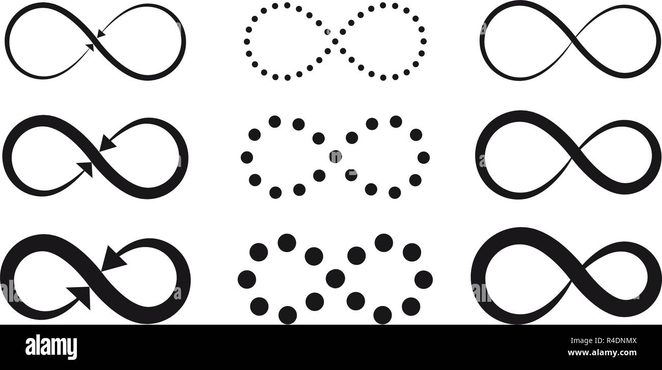 Set di simboli infinity. Eterna, illimitate, nastro di Mobius e infiniti della vita concetto icona. Illustrazione Vettoriale