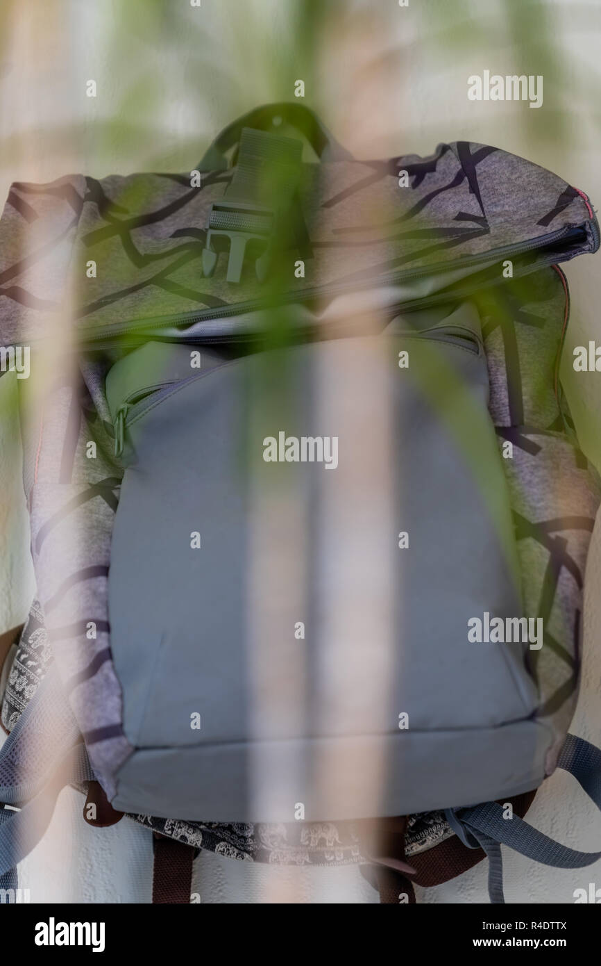 Scuola di viola zaino appeso alla parete - oggetto isolato con sfondo bianco con pianta verde infront di esso Foto Stock