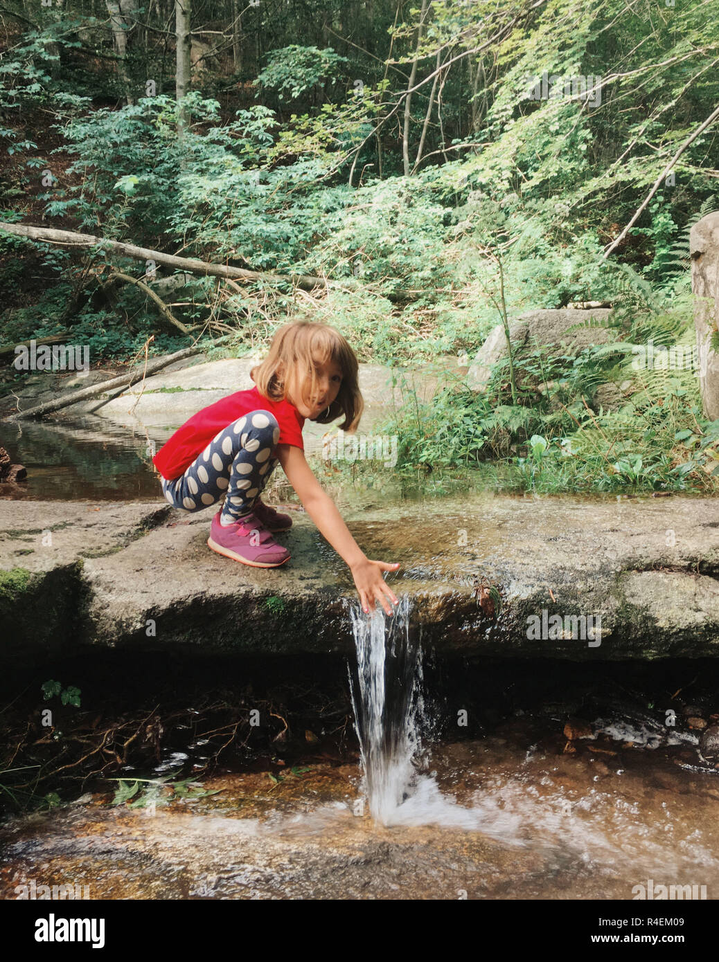 Ragazza accovacciato da un torrente nella foresta, Spagna Foto Stock