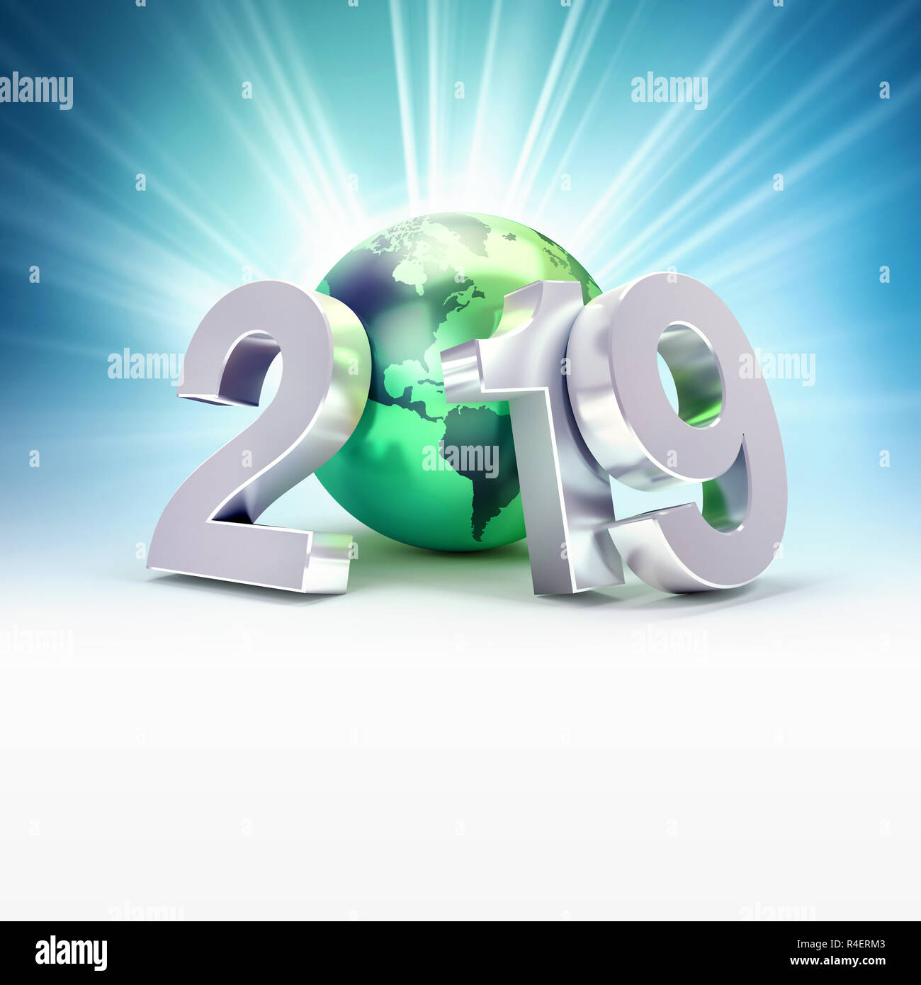 2019 Anno Nuovo data numero composto con una verde del pianeta terra, focalizzato su America, raggi di luce dietro - 3D illustrazione Foto Stock