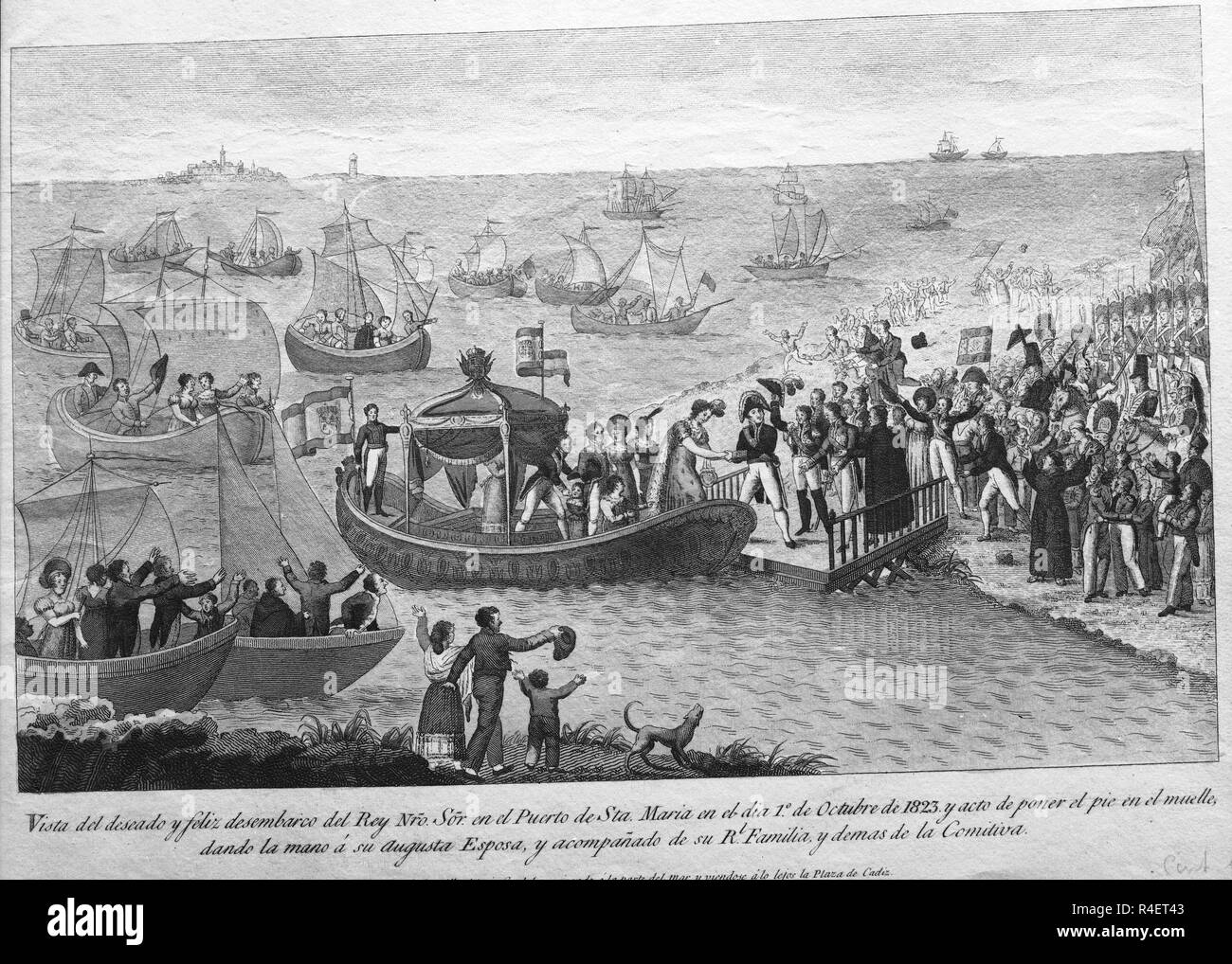DESEMBARCO DE FERNANDO VII EN EL PUERTO DE SANTA MARIA EL 1 de octubre de 1823 - GRABADO - SIGLO XIX. Posizione: Collezione privata. Foto Stock