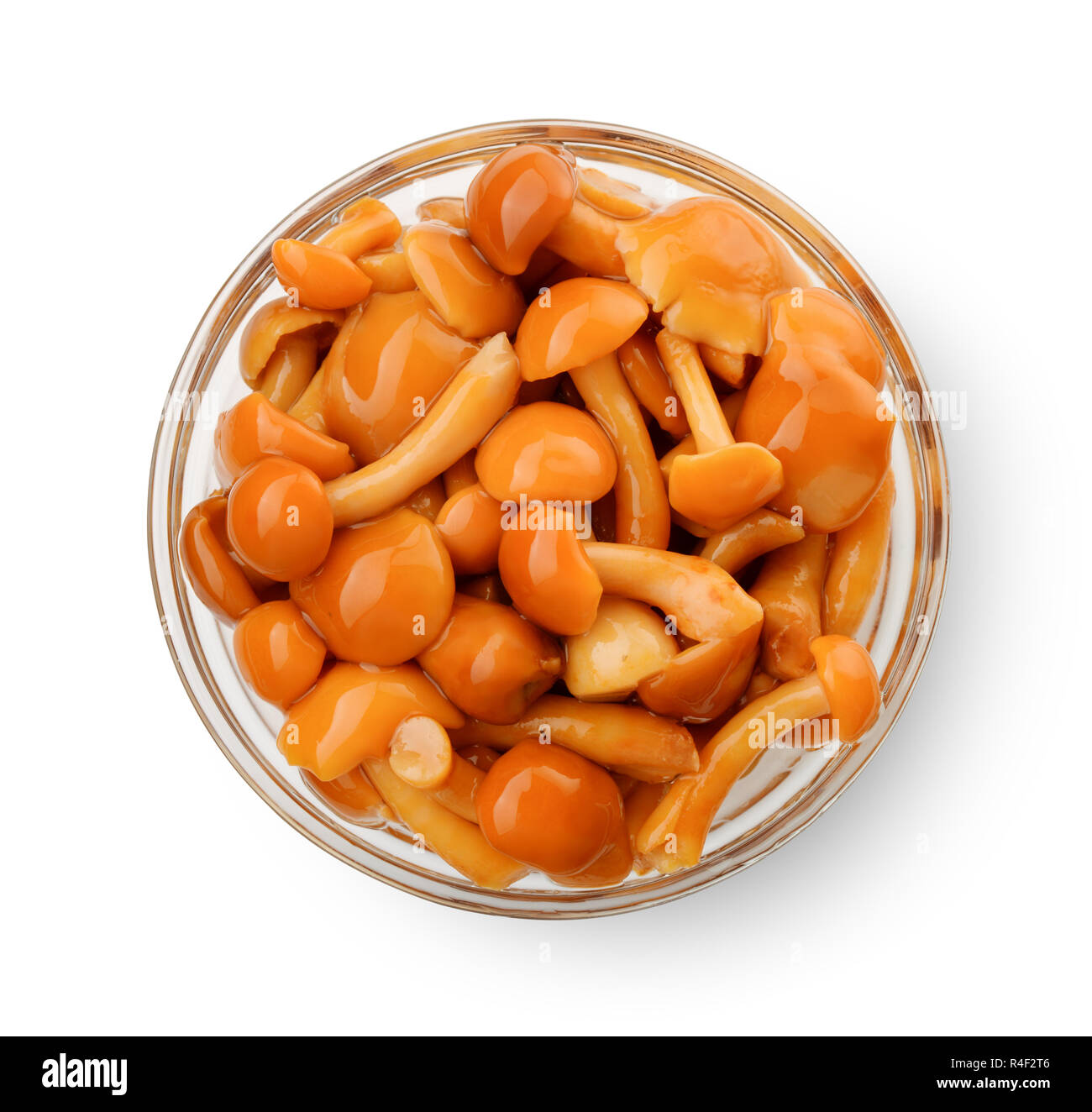 Vista dall'alto di funghi sott'aceto nel recipiente di vetro isolato su bianco Foto Stock