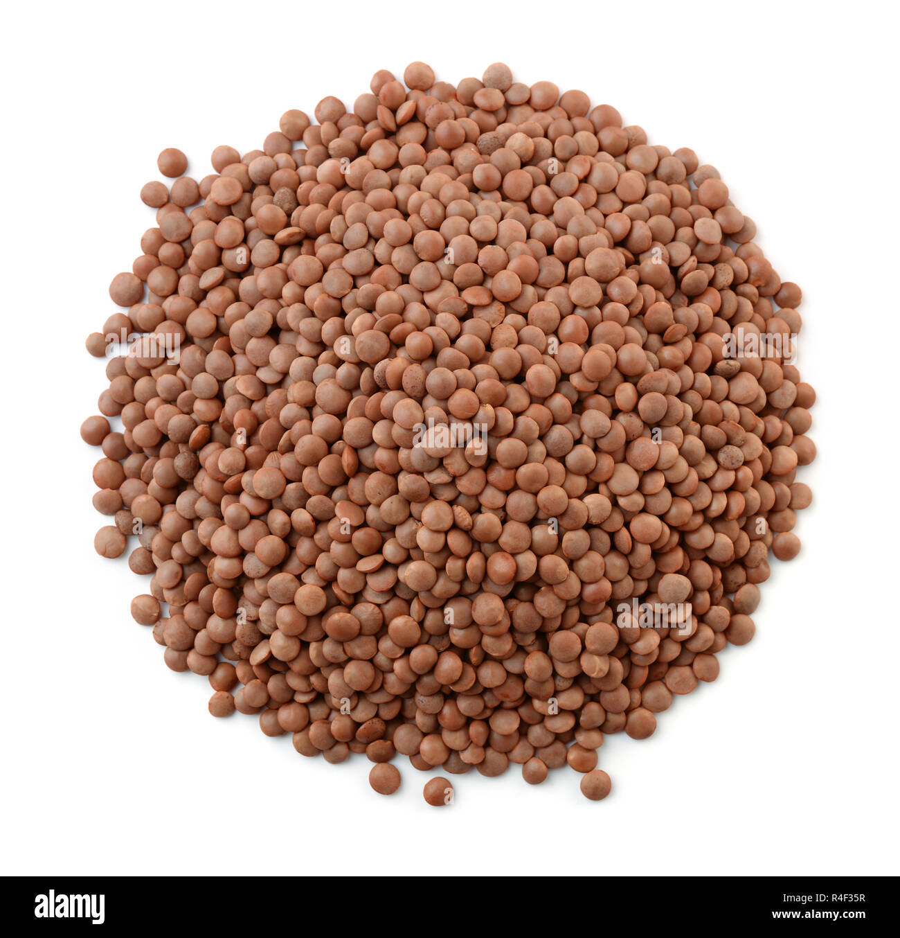 Vista superiore del marrone e secca lenticchie isolato su bianco Foto Stock